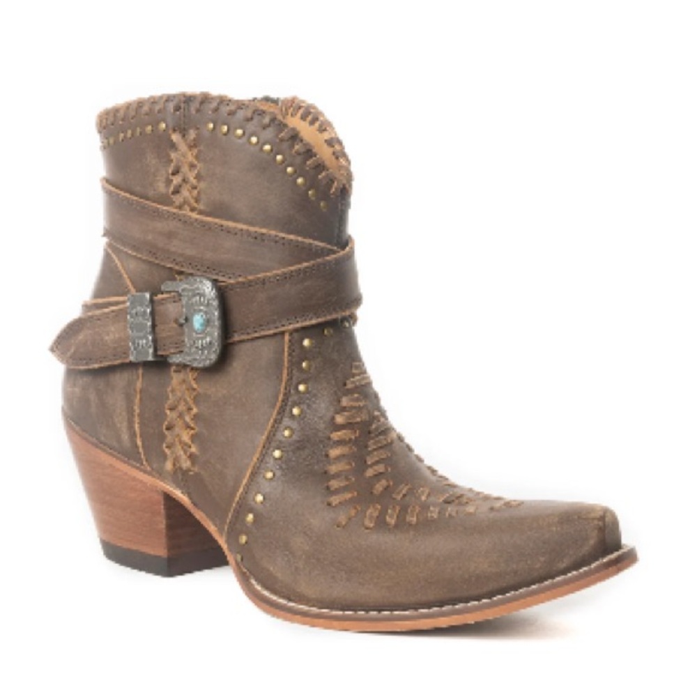Myra Western Ankle Boots Distressed Leather Cowgirl Booties Snip Toe Studded NWT